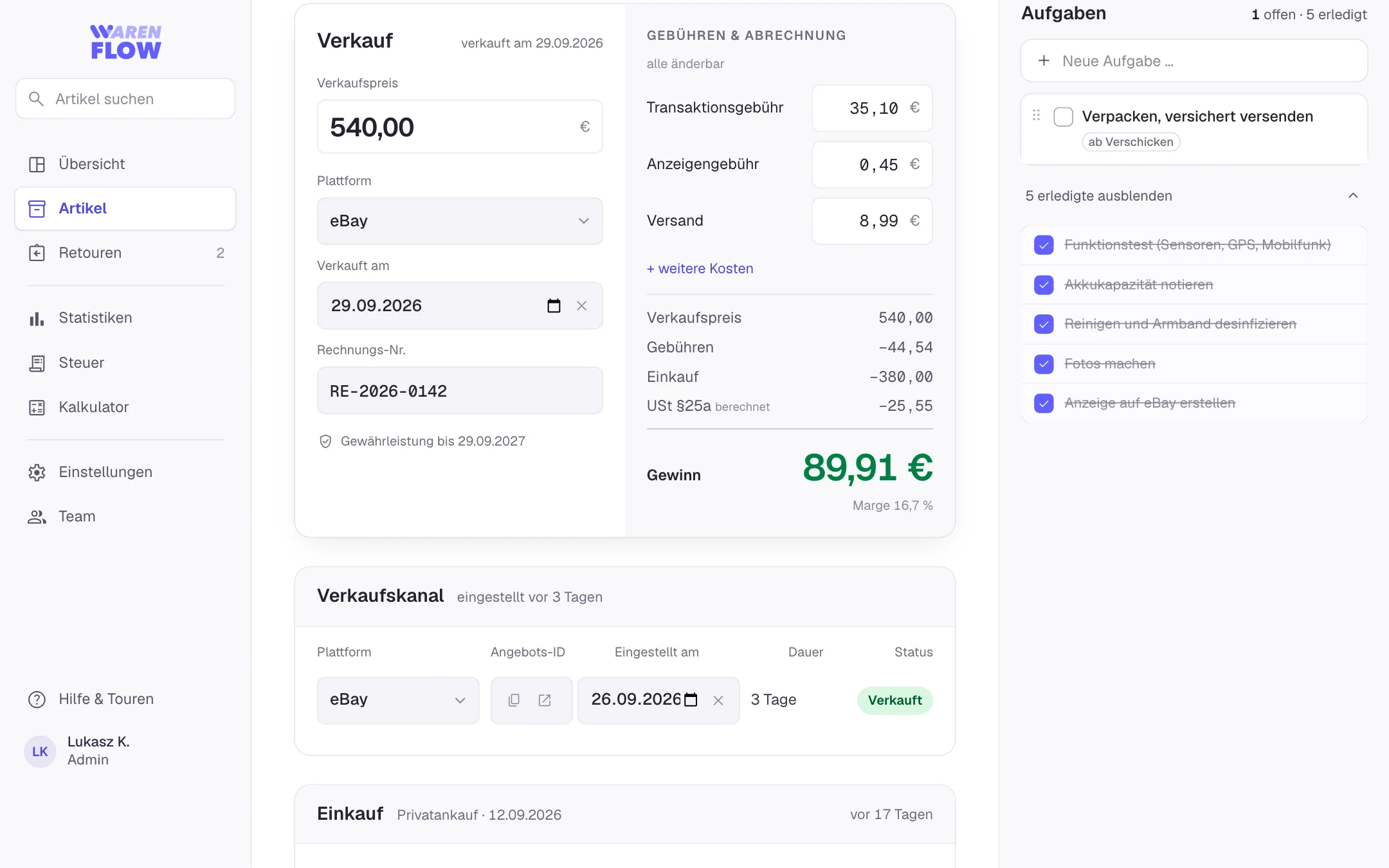 Verkauf & Gebühren in WarenFlow