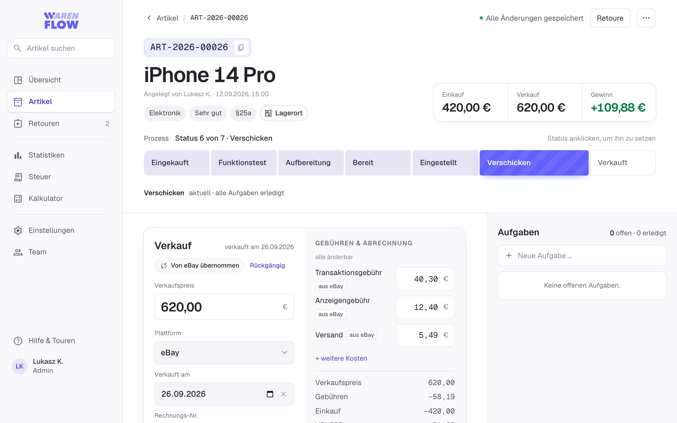 Von eBay übernommener Verkauf in WarenFlow: Verkaufspreis, Datum und Gebühren mit dem Vermerk „aus eBay“