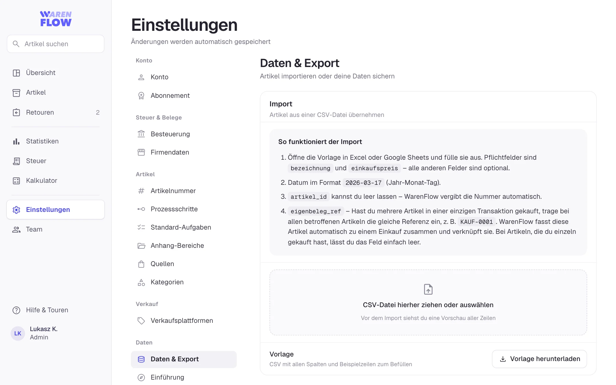 Import & Export in WarenFlow