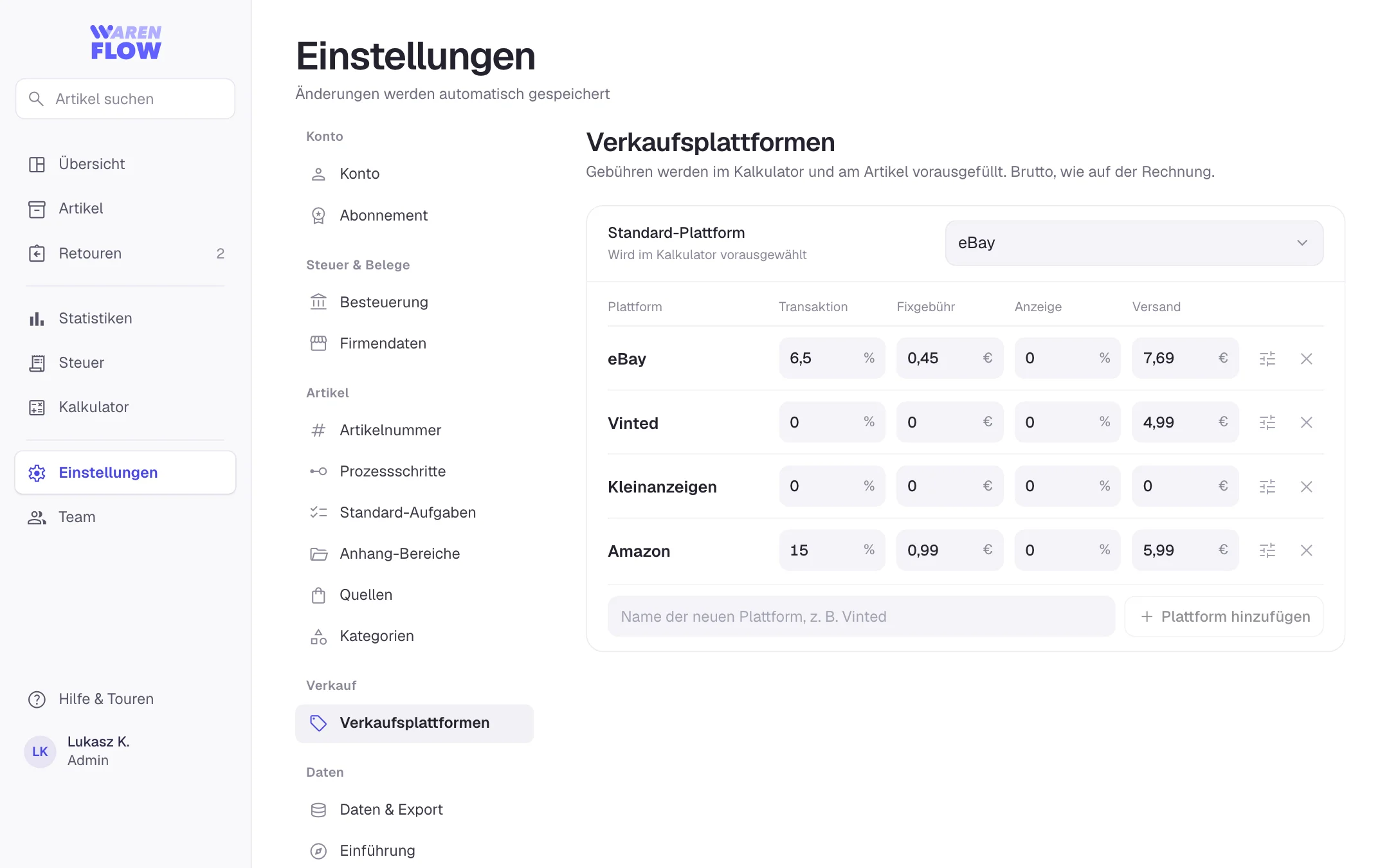 Gebühren hinterlegen in WarenFlow