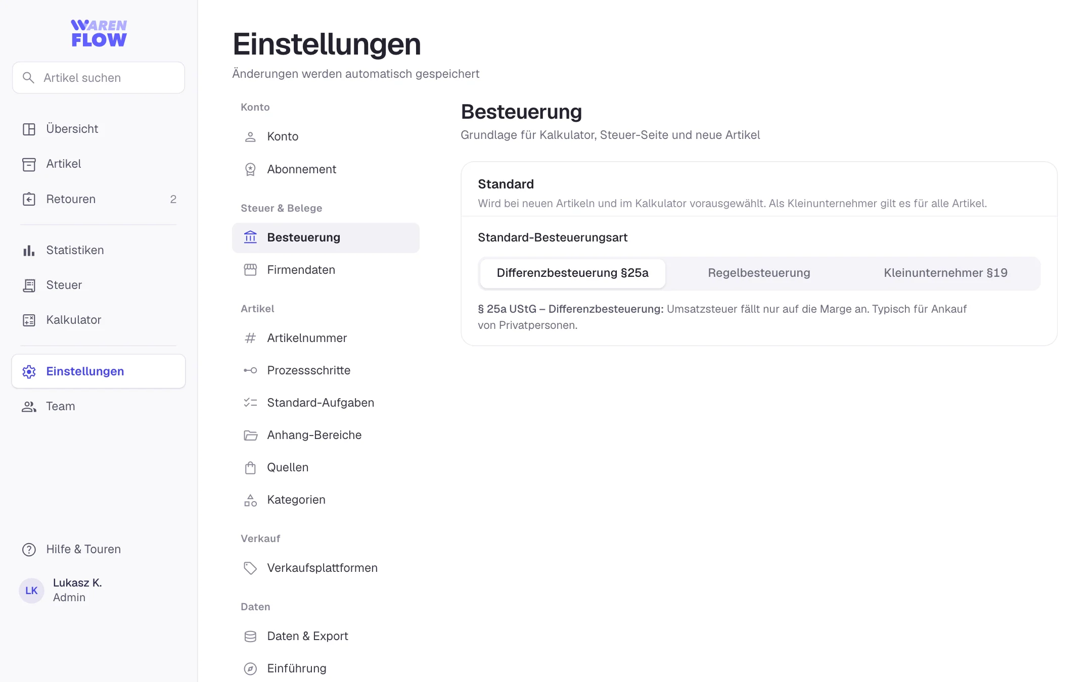 Standard festlegen in WarenFlow