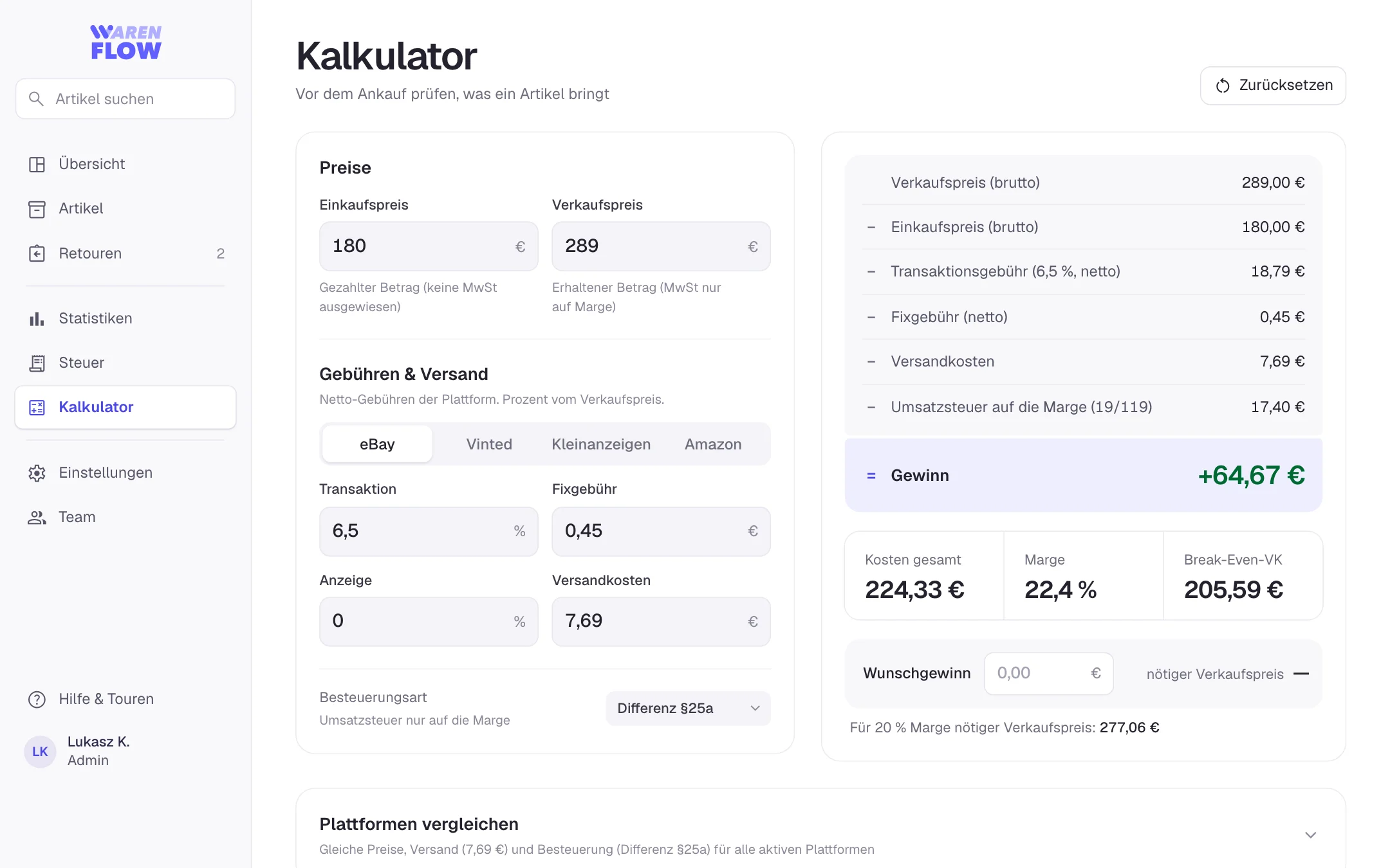 Kalkulator in WarenFlow
