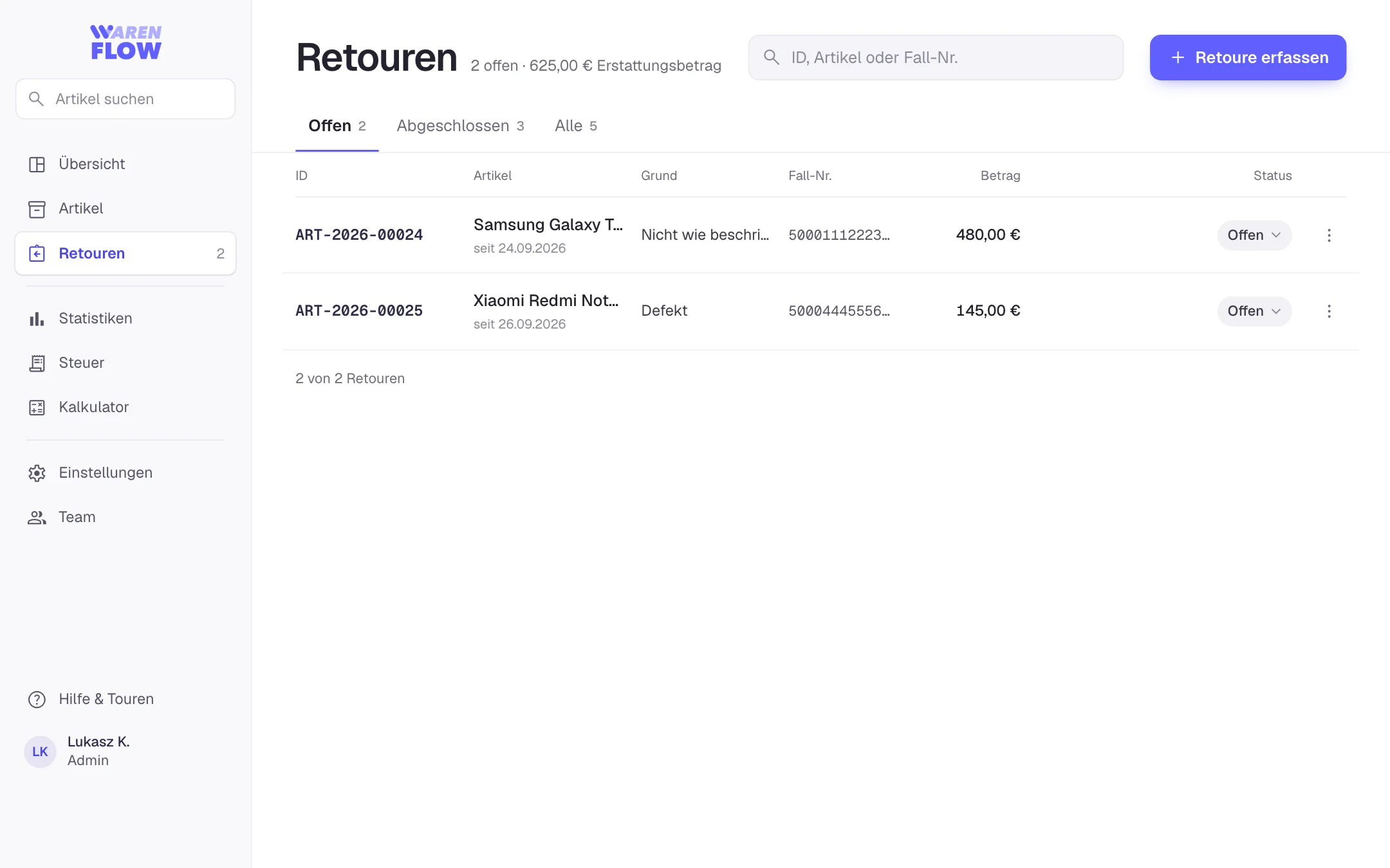 Retouren in WarenFlow