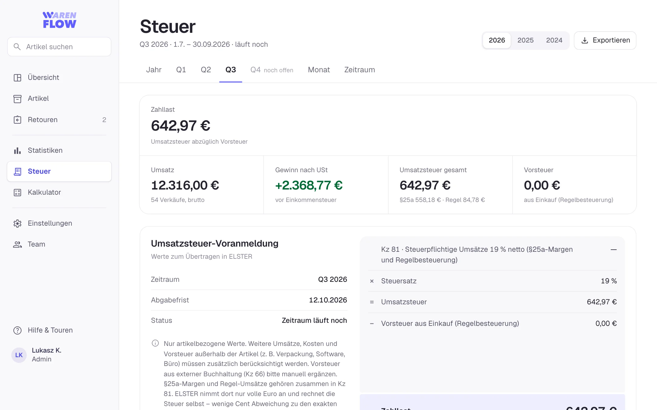 Steuer & §25a in WarenFlow